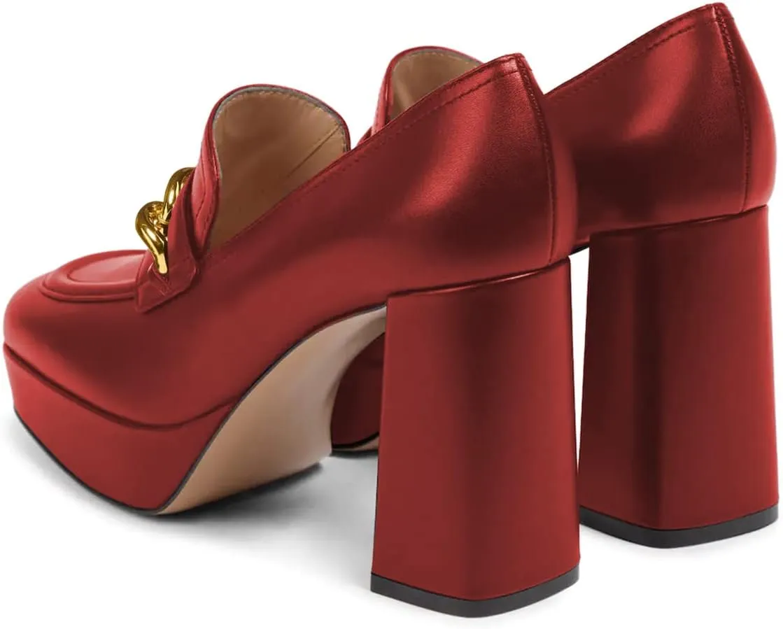 FSJ Women Classic Platform High Chunky Heel Loafer Pumps Square Closed Toe Slip On Block Heel Ladies Wedding Party Office Dress Shoes with Chain Size 4-15 US