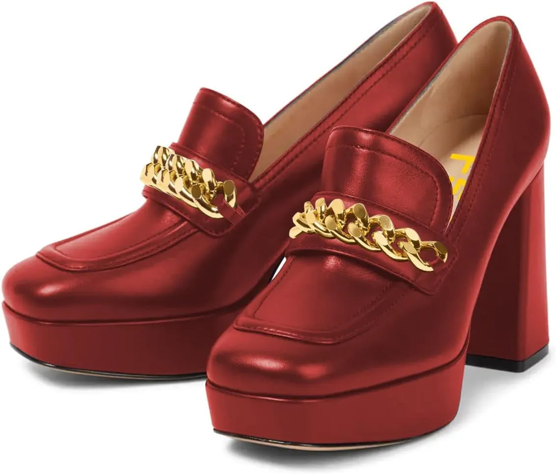 FSJ Women Classic Platform High Chunky Heel Loafer Pumps Square Closed Toe Slip On Block Heel Ladies Wedding Party Office Dress Shoes with Chain Size 4-15 US