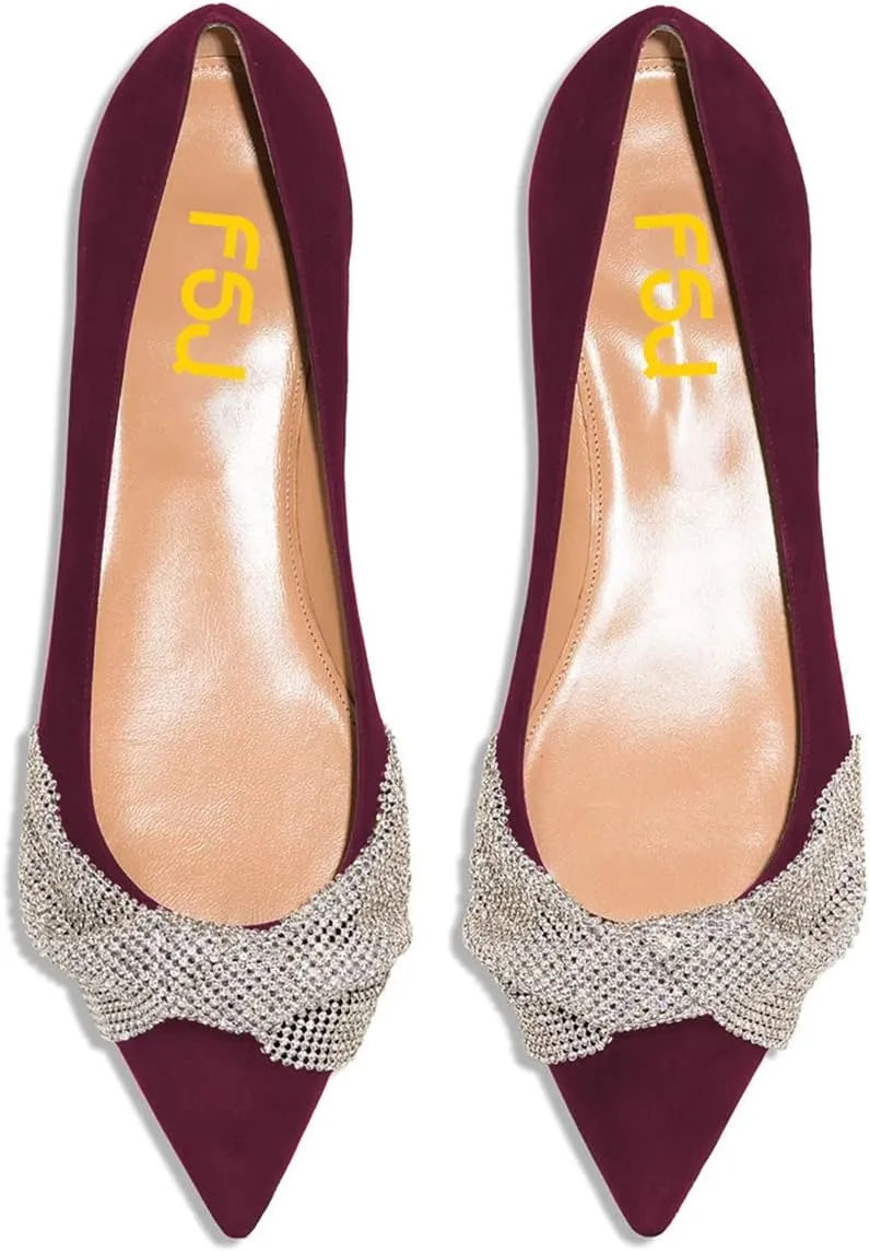FSJ Women Classic Pointed Toe Rhinestone Sequins Bow Casual Slip on Faux Suede Comfort Low Thick Heel Walking Ballet Flat Shoes Size 4-15 US