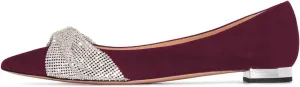 FSJ Women Classic Pointed Toe Rhinestone Sequins Bow Casual Slip on Faux Suede Comfort Low Thick Heel Walking Ballet Flat Shoes Size 4-15 US