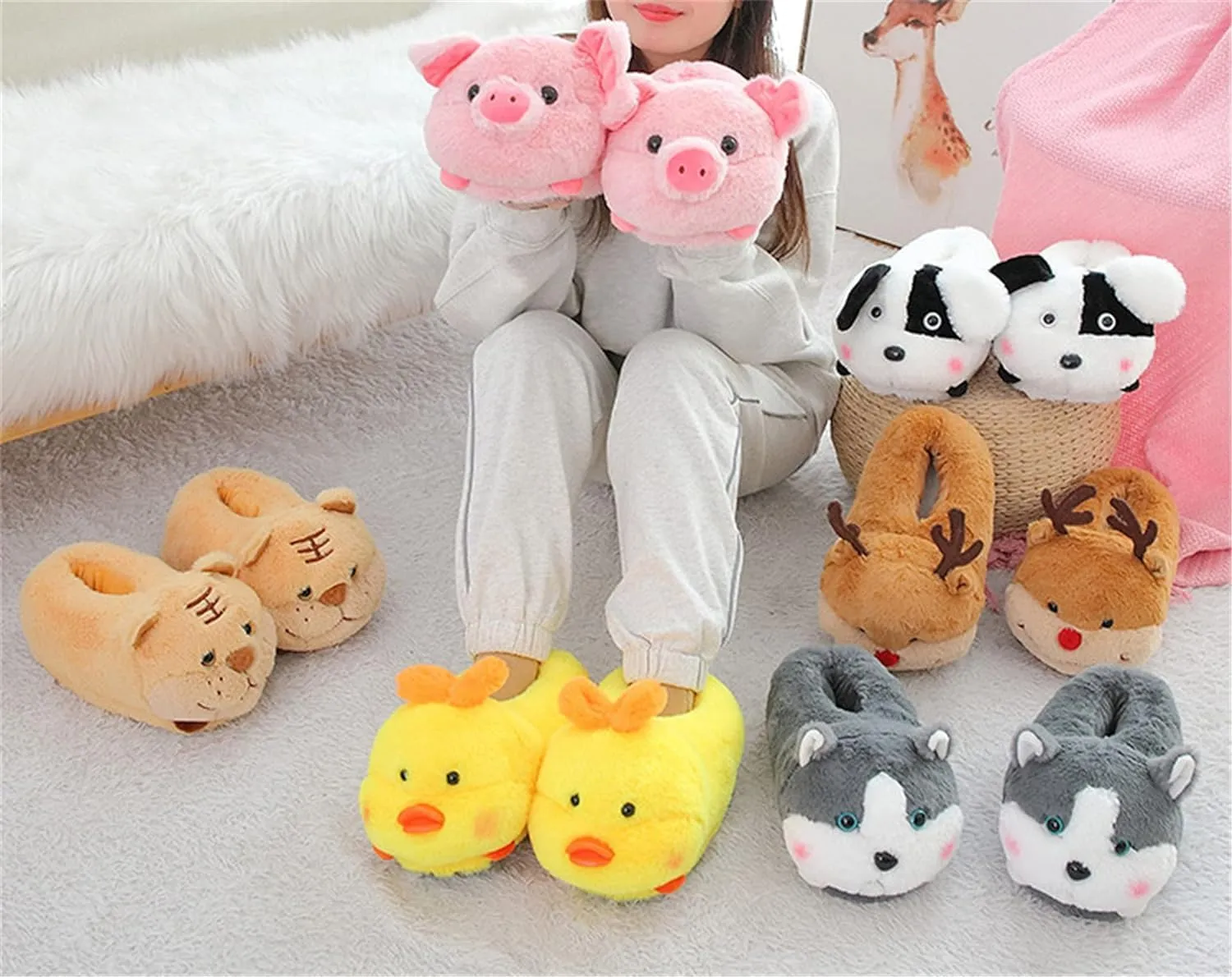 Fuzzy Cozy Pig Animal Cartoon Slippers for Women - Indoor Warm Winter Home Furry Slippers