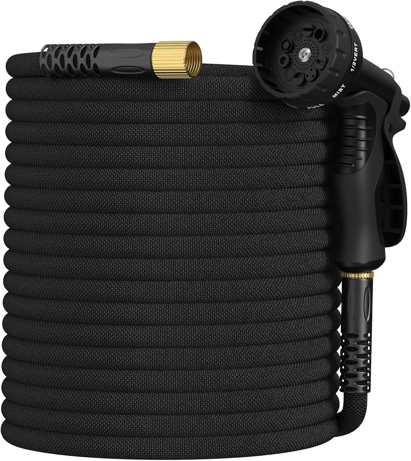 Garden Hose 100ft, Non-Expandable Lightweight & Flexible Water Hose, with 10-Pattern Spray Nozzle, Super Fabric, Leak-Proof 3/4" Solid Brass Alloy Connector Fittings, Durable and Kink-Free Black