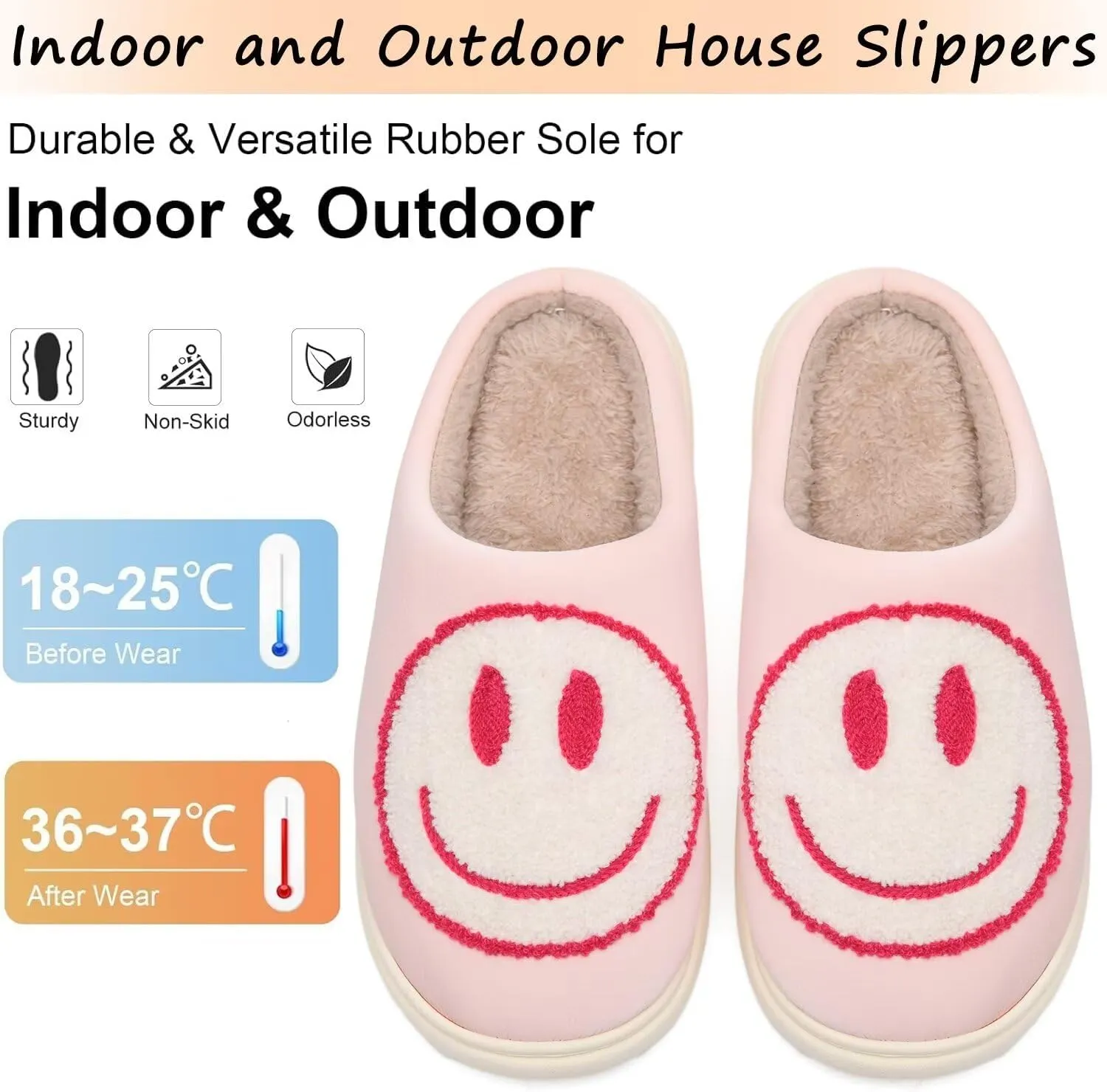 Giom 【New】 Soft Pu Leather Smiling Face Slippers for Women and Men, Retro Happy Face Slippers Big Size, Cozy Warm House Slippers, Slip-On Family Bedroom Slides, Winter Indoor Outdoor Slippers