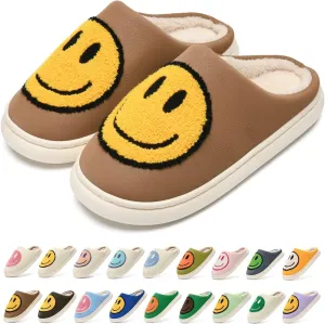 Giom 【New】 Soft Pu Leather Smiling Face Slippers for Women and Men, Retro Happy Face Slippers Big Size, Cozy Warm House Slippers, Slip-On Family Bedroom Slides, Winter Indoor Outdoor Slippers