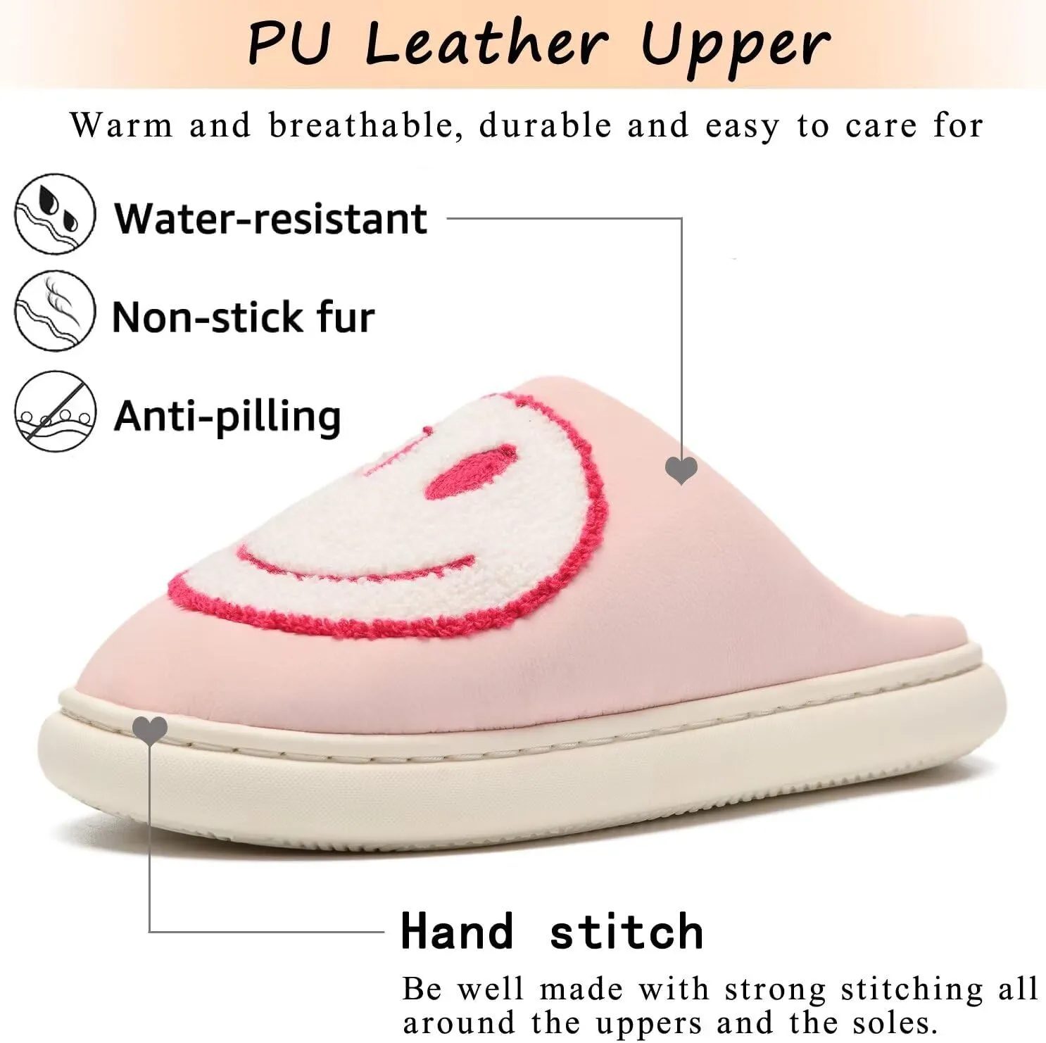 Giom 【New】 Soft Pu Leather Smiling Face Slippers for Women and Men, Retro Happy Face Slippers Big Size, Cozy Warm House Slippers, Slip-On Family Bedroom Slides, Winter Indoor Outdoor Slippers