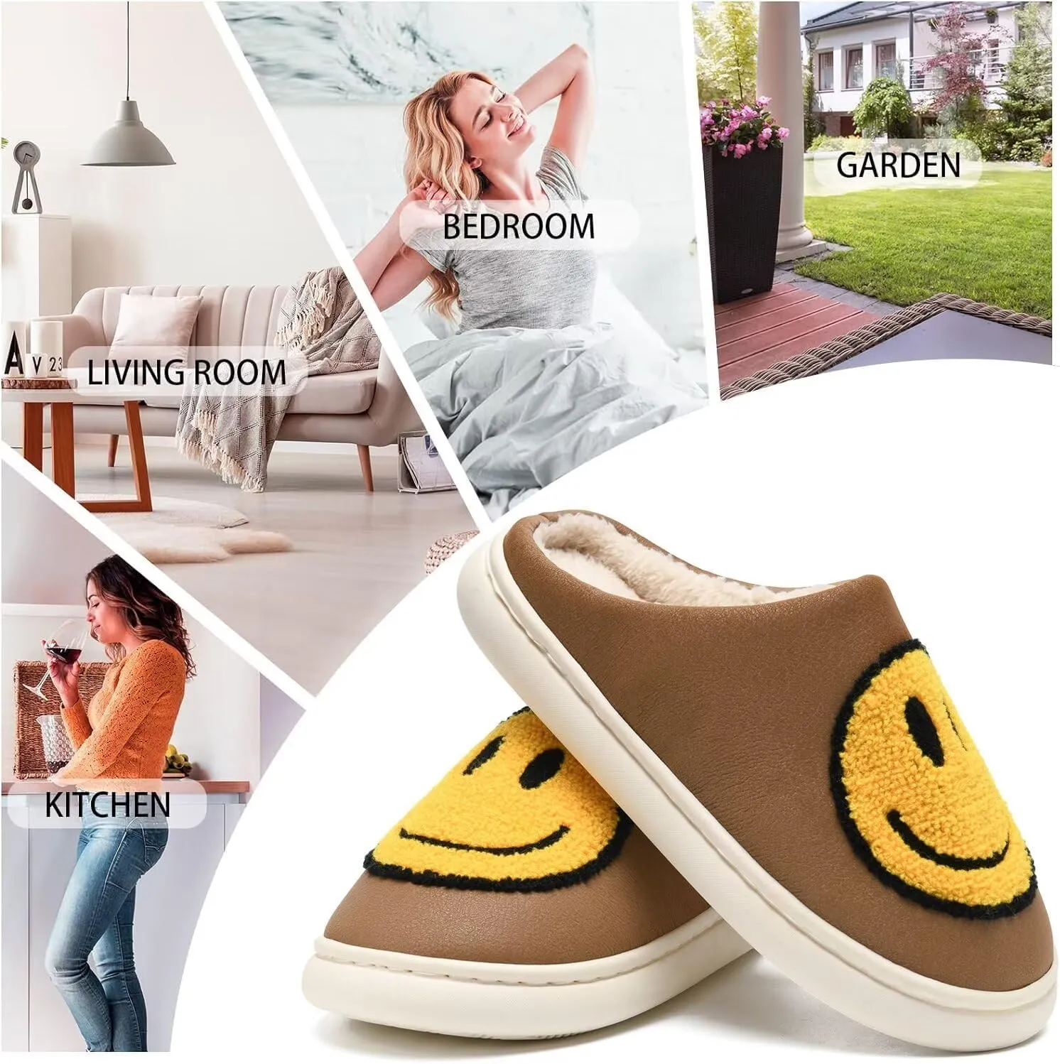 Giom 【New】 Soft Pu Leather Smiling Face Slippers for Women and Men, Retro Happy Face Slippers Big Size, Cozy Warm House Slippers, Slip-On Family Bedroom Slides, Winter Indoor Outdoor Slippers