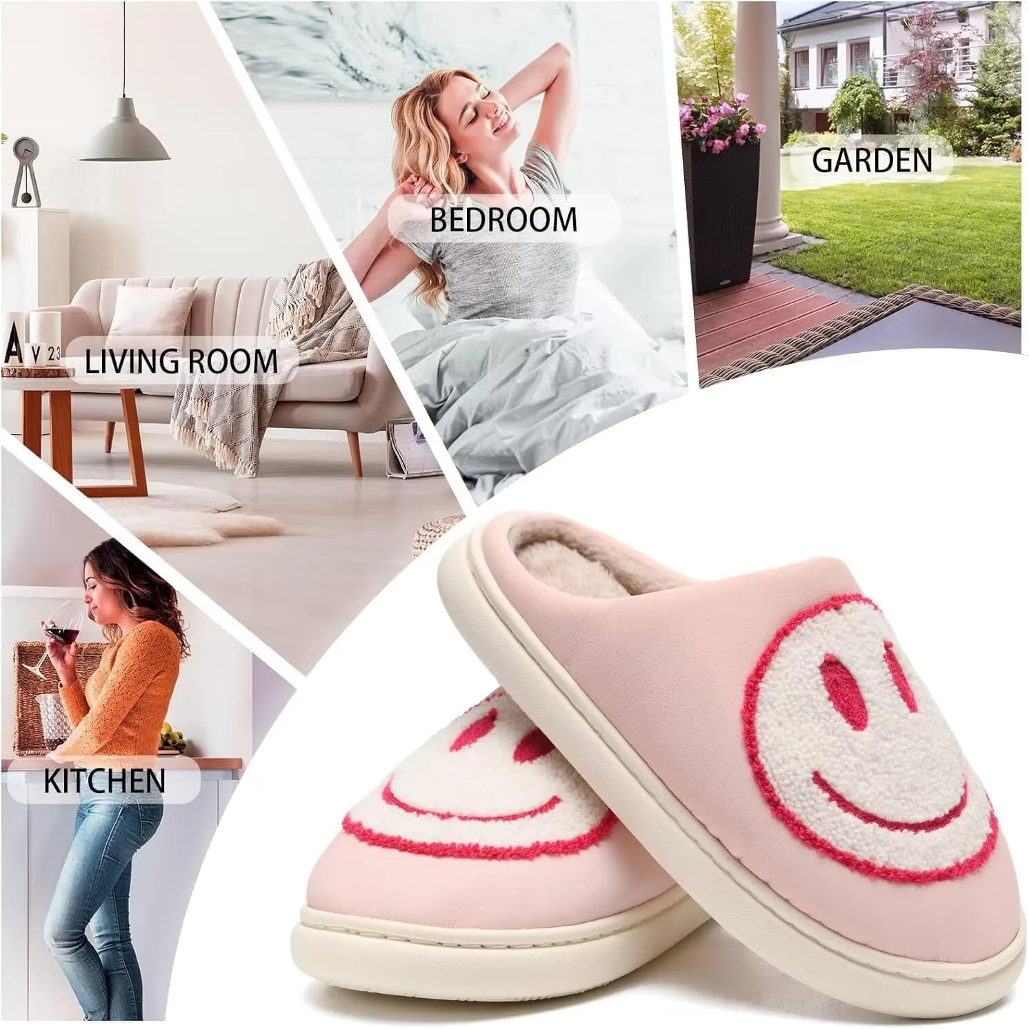 Giom 【New】 Soft Pu Leather Smiling Face Slippers for Women and Men, Retro Happy Face Slippers Big Size, Cozy Warm House Slippers, Slip-On Family Bedroom Slides, Winter Indoor Outdoor Slippers
