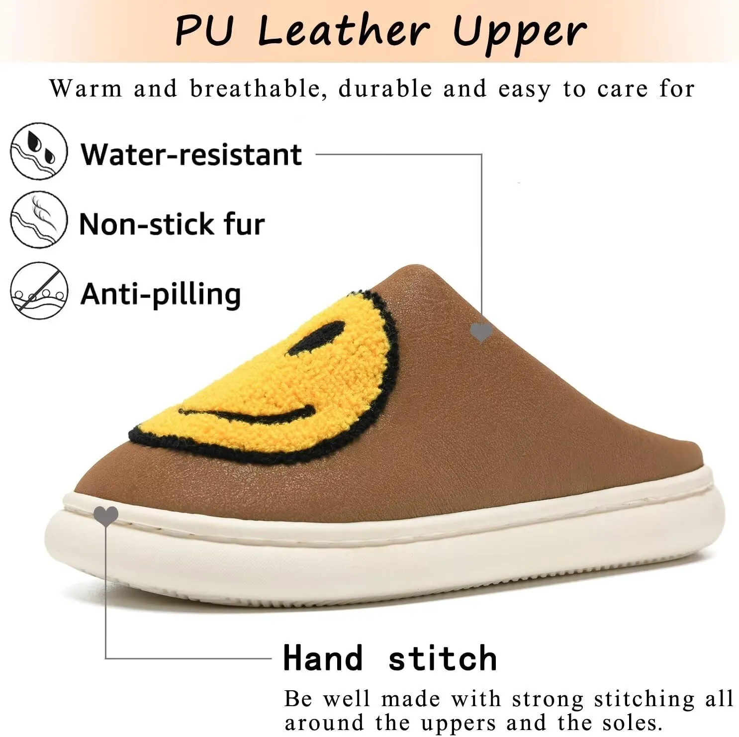 Giom 【New】 Soft Pu Leather Smiling Face Slippers for Women and Men, Retro Happy Face Slippers Big Size, Cozy Warm House Slippers, Slip-On Family Bedroom Slides, Winter Indoor Outdoor Slippers