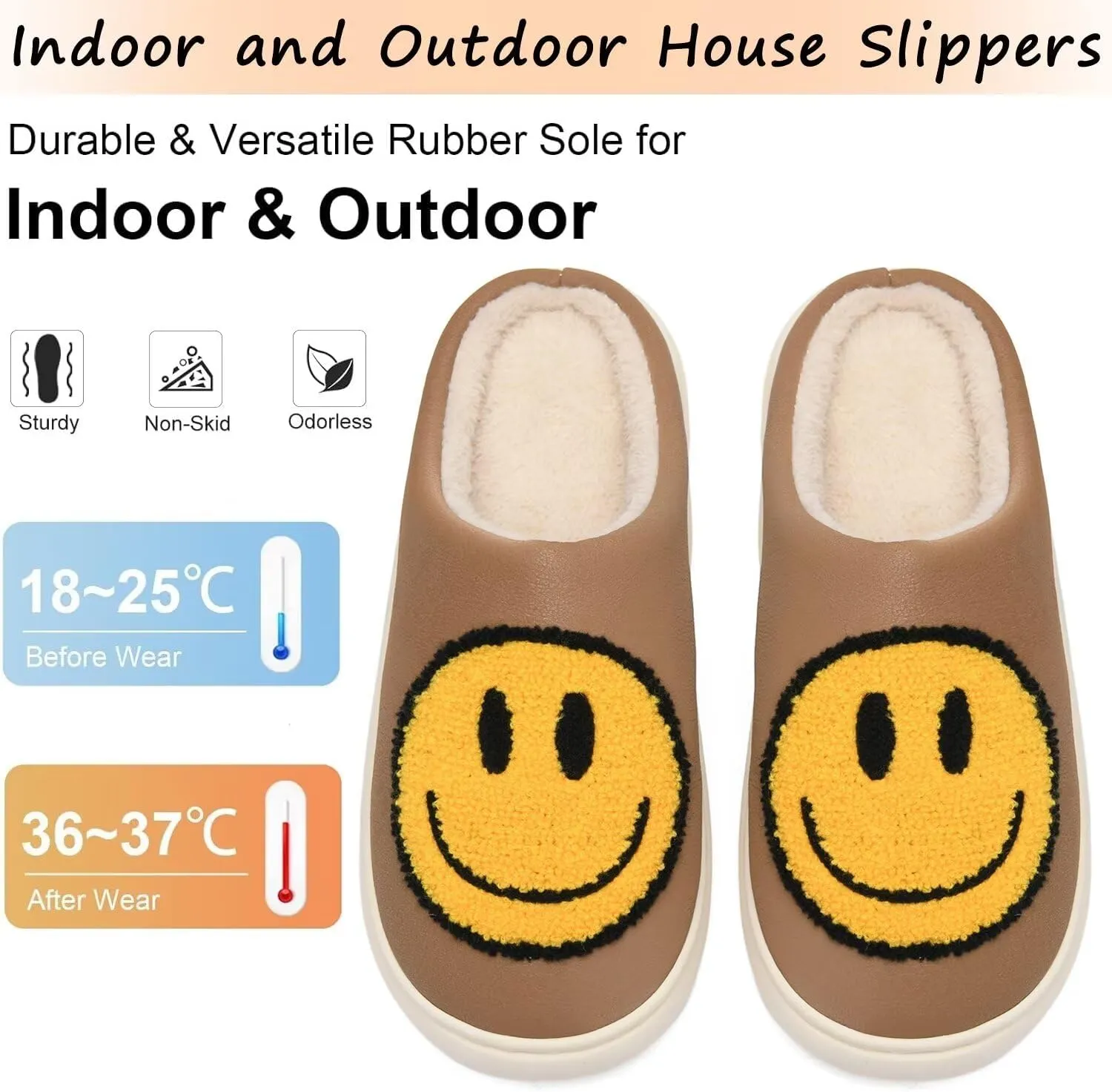 Giom 【New】 Soft Pu Leather Smiling Face Slippers for Women and Men, Retro Happy Face Slippers Big Size, Cozy Warm House Slippers, Slip-On Family Bedroom Slides, Winter Indoor Outdoor Slippers