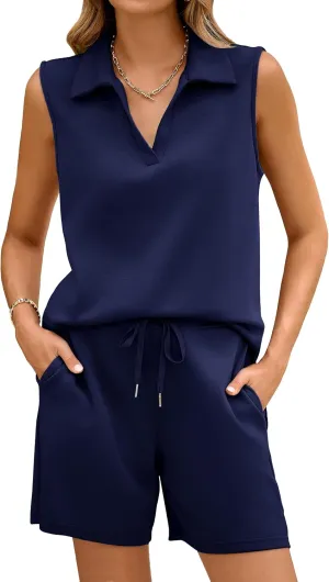 Glamaker Womens Two Piece Short Sets Summer V Neck Travel Outfits Sweatsuits Sleeveless Lounge Sets Tracksuit