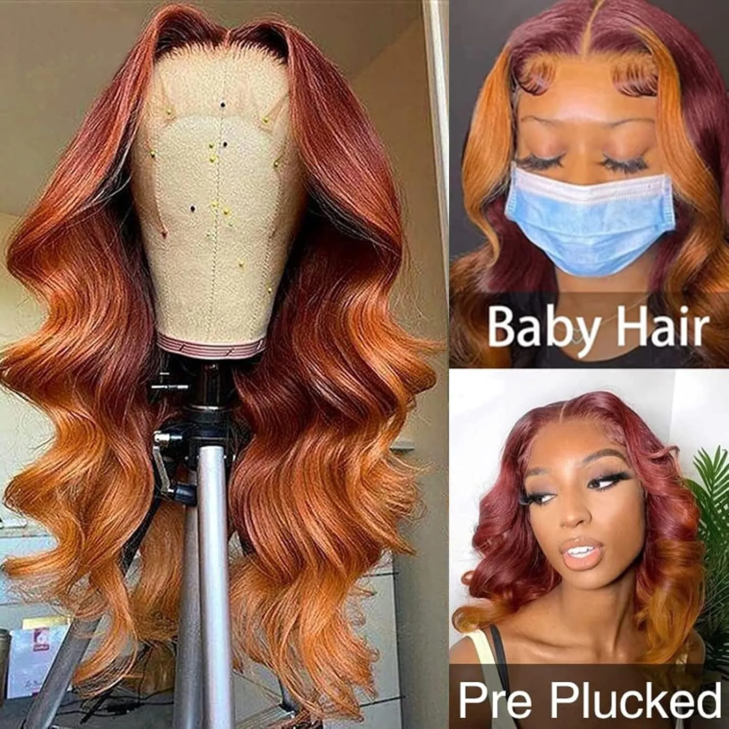 haha Orange Red Ombre Lace Front Wig Human Hair Burgundy Ginger Highlight Lace Front Wig 13x4 Body Wave HD Lace Frontal Wigs Pre Plucked Ginger Skunk Stripe Human Hair Wig Colored 24 Inch 150% Density