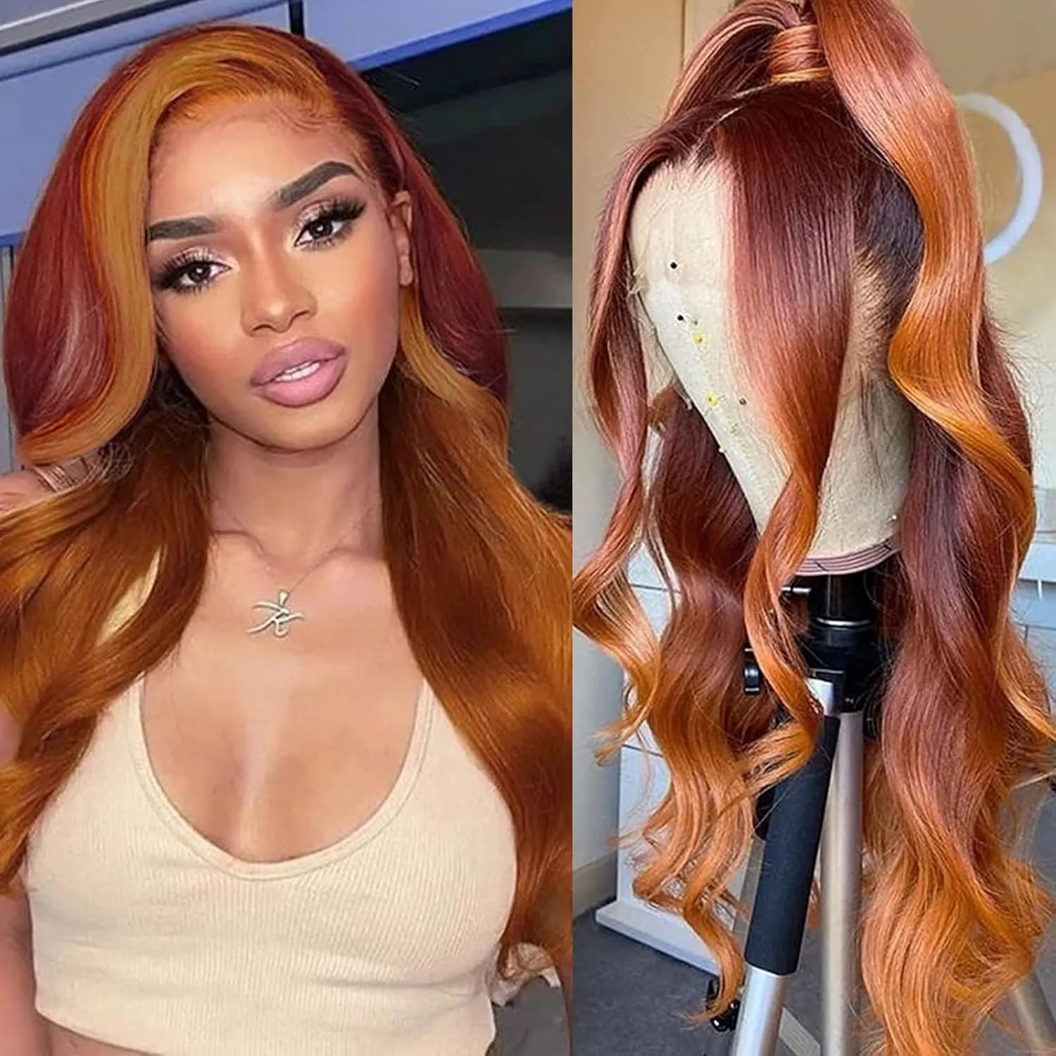 haha Orange Red Ombre Lace Front Wig Human Hair Burgundy Ginger Highlight Lace Front Wig 13x4 Body Wave HD Lace Frontal Wigs Pre Plucked Ginger Skunk Stripe Human Hair Wig Colored 24 Inch 150% Density