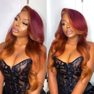 haha Orange Red Ombre Lace Front Wig Human Hair Burgundy Ginger Highlight Lace Front Wig 13x4 Body Wave HD Lace Frontal Wigs Pre Plucked Ginger Skunk Stripe Human Hair Wig Colored 24 Inch 150% Density