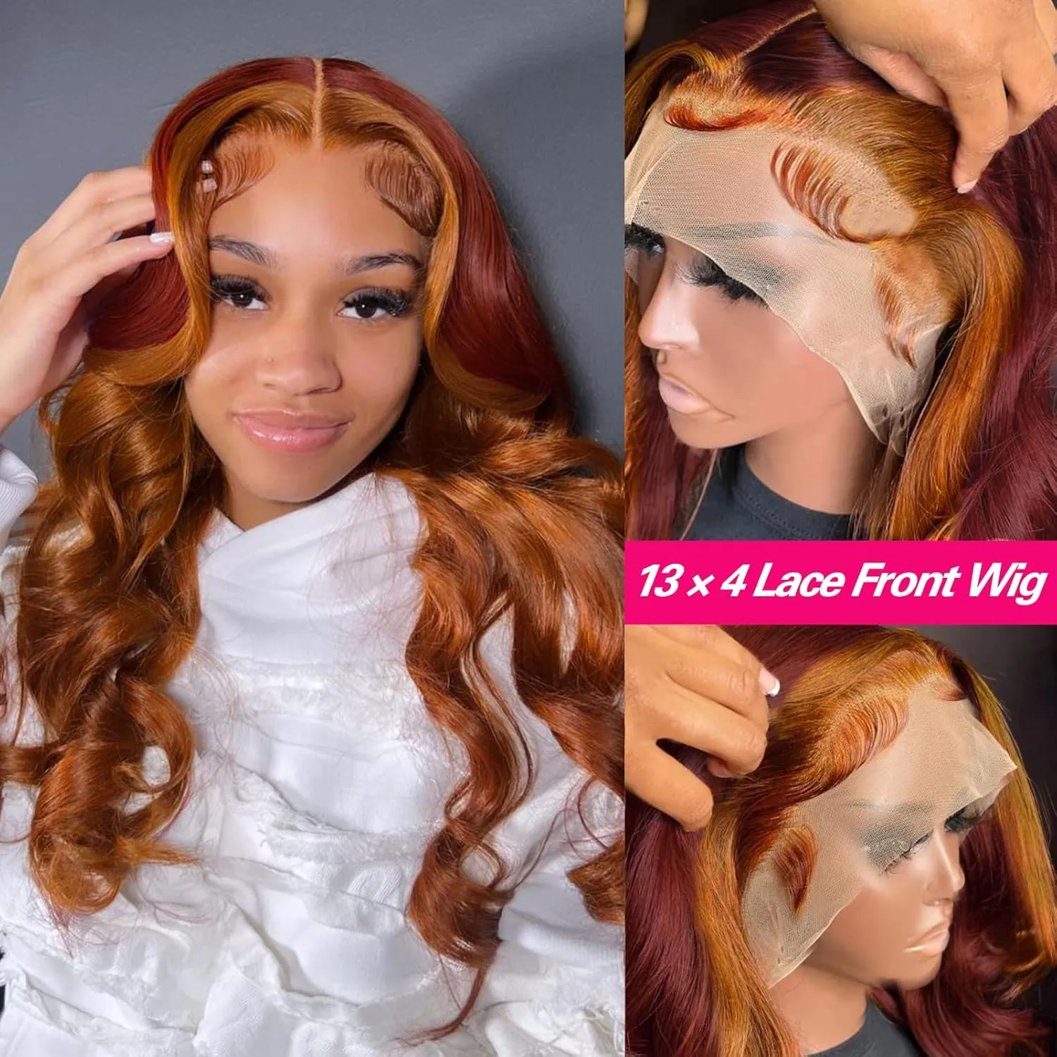 haha Orange Red Ombre Lace Front Wig Human Hair Burgundy Ginger Highlight Lace Front Wig 13x4 Body Wave HD Lace Frontal Wigs Pre Plucked Ginger Skunk Stripe Human Hair Wig Colored 24 Inch 150% Density