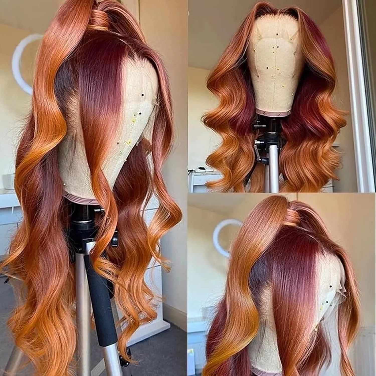 haha Orange Red Ombre Lace Front Wig Human Hair Burgundy Ginger Highlight Lace Front Wig 13x4 Body Wave HD Lace Frontal Wigs Pre Plucked Ginger Skunk Stripe Human Hair Wig Colored 24 Inch 150% Density