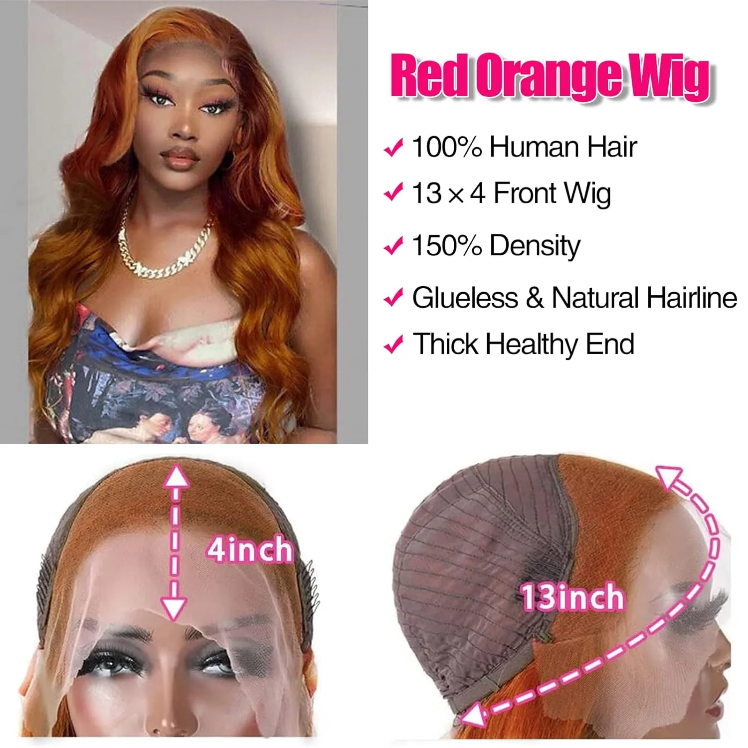haha Orange Red Ombre Lace Front Wig Human Hair Burgundy Ginger Highlight Lace Front Wig 13x4 Body Wave HD Lace Frontal Wigs Pre Plucked Ginger Skunk Stripe Human Hair Wig Colored 24 Inch 150% Density