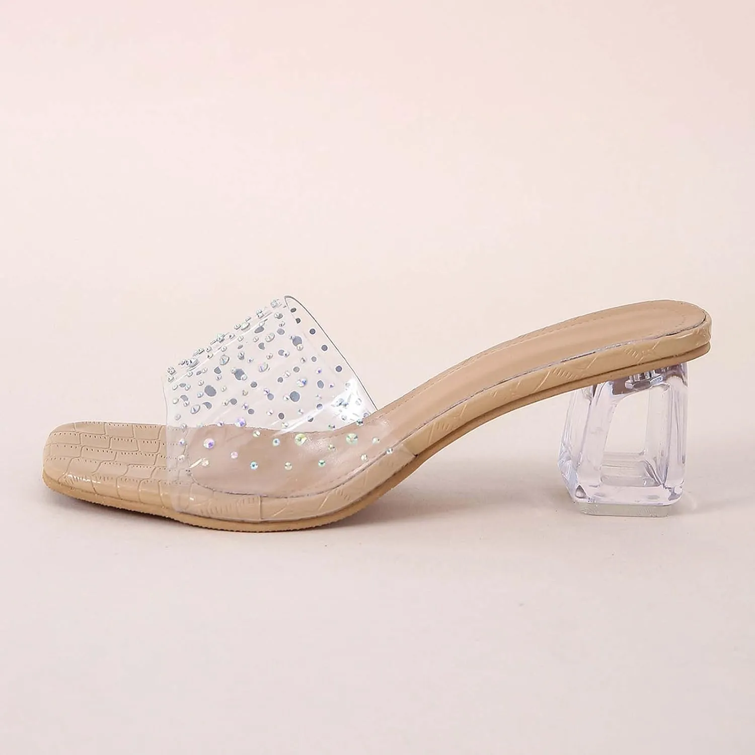 Heeled Sandals for Women 2023 Summer Fashion Rhinestone Transparent Straps Open Toe Slip on Chunky High Heels Slippers Dressy Comfy Ladies Shoes