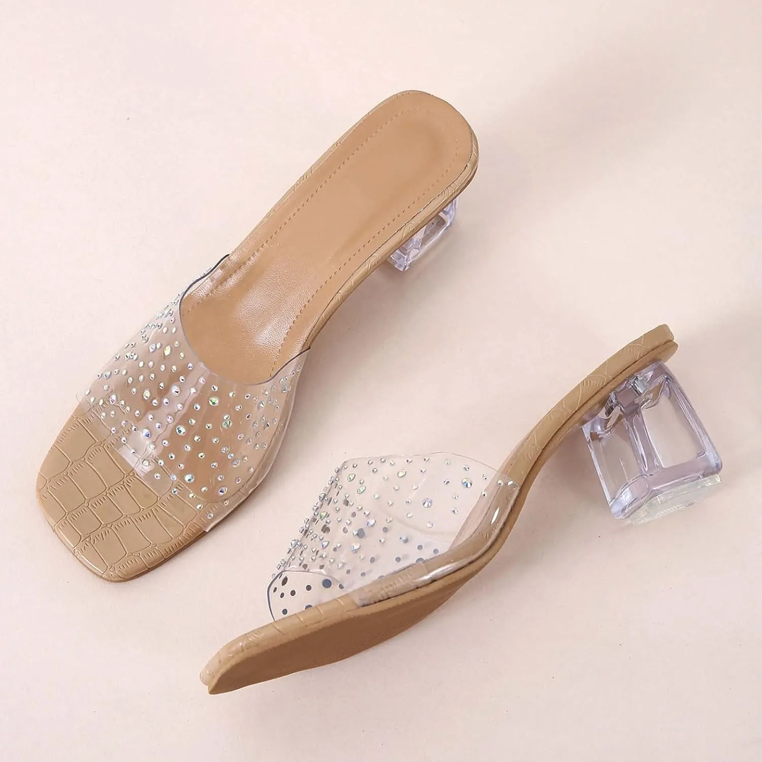 Heeled Sandals for Women 2023 Summer Fashion Rhinestone Transparent Straps Open Toe Slip on Chunky High Heels Slippers Dressy Comfy Ladies Shoes