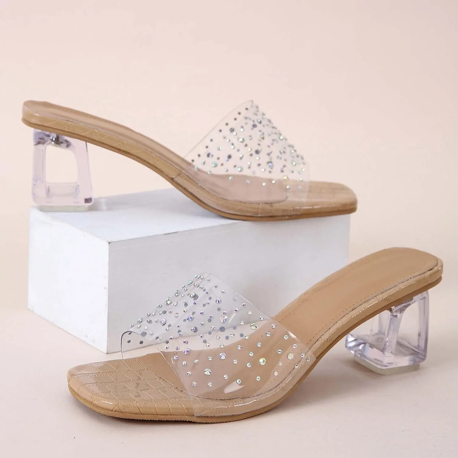 Heeled Sandals for Women 2023 Summer Fashion Rhinestone Transparent Straps Open Toe Slip on Chunky High Heels Slippers Dressy Comfy Ladies Shoes