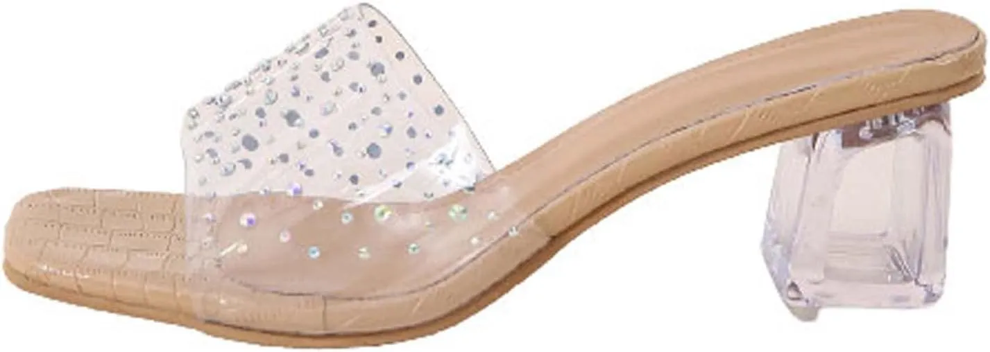 Heeled Sandals for Women 2023 Summer Fashion Rhinestone Transparent Straps Open Toe Slip on Chunky High Heels Slippers Dressy Comfy Ladies Shoes