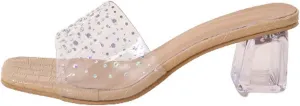 Heeled Sandals for Women 2023 Summer Fashion Rhinestone Transparent Straps Open Toe Slip on Chunky High Heels Slippers Dressy Comfy Ladies Shoes