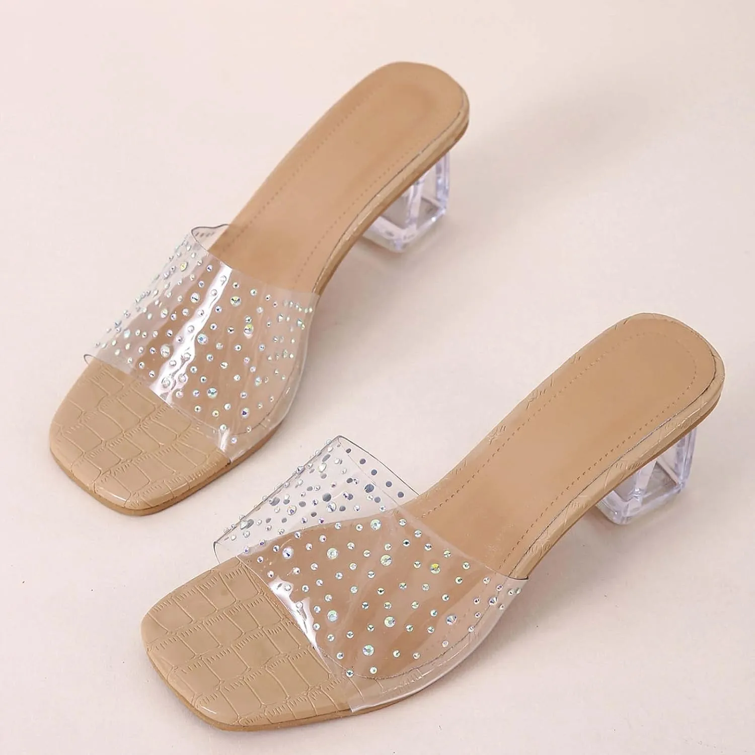 Heeled Sandals for Women 2023 Summer Fashion Rhinestone Transparent Straps Open Toe Slip on Chunky High Heels Slippers Dressy Comfy Ladies Shoes