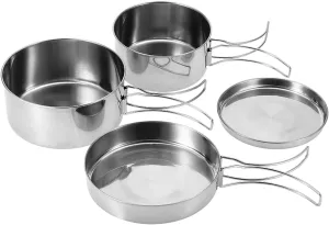 HEITIGN 4 Pieces Set Camping Cookware Stainless Steel, Portable Cookware Set Includes 1 X Large Pot,1 X Small Pot,1 X Frying Pan,1 X Plate, 1 X Storage Bag