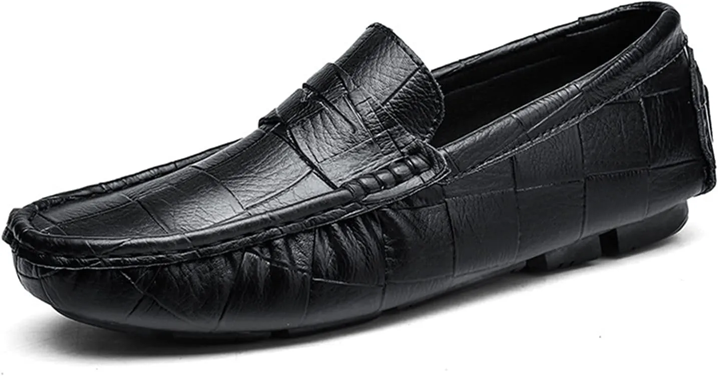 HOOENG Driving Moccasins for Men Round Toe Faux Crocodile Leather Penny Loafer Soft Comfortable Flexible Flat Heel Driving Slip on