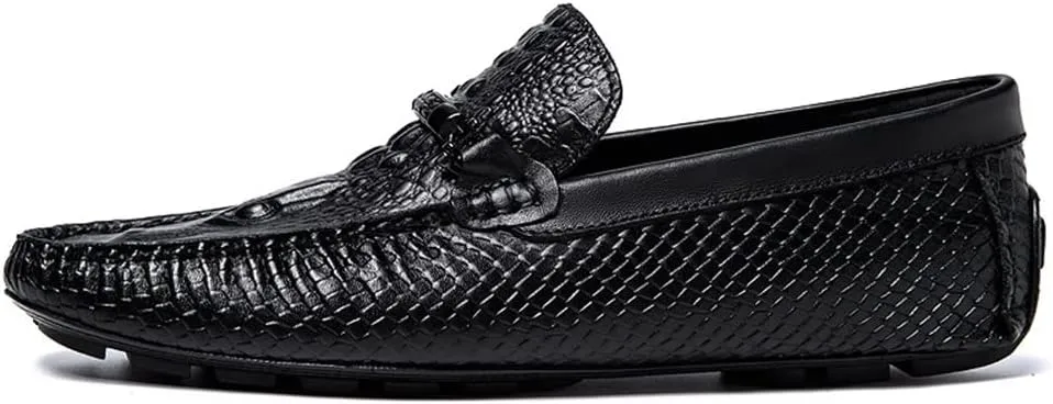 HOOENG Men's Loafers Round Toe Faux Crocodile Print Leather Anti-Slip Flexible Flat Heel Fashion Slip On