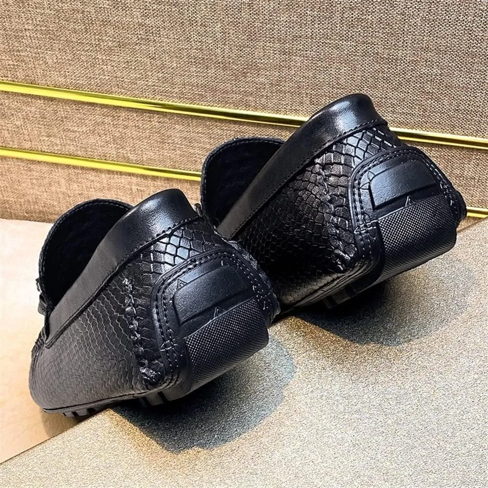 HOOENG Men's Loafers Round Toe Faux Crocodile Print Leather Anti-Slip Flexible Flat Heel Fashion Slip On