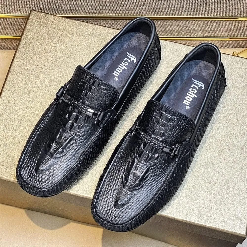 HOOENG Men's Loafers Round Toe Faux Crocodile Print Leather Anti-Slip Flexible Flat Heel Fashion Slip On