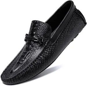 HOOENG Men's Loafers Round Toe Faux Crocodile Print Leather Anti-Slip Flexible Flat Heel Fashion Slip On