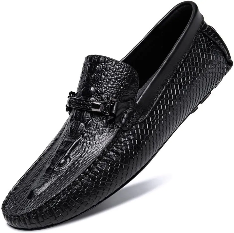 HOOENG Men's Loafers Round Toe Faux Crocodile Print Leather Anti-Slip Flexible Flat Heel Fashion Slip On
