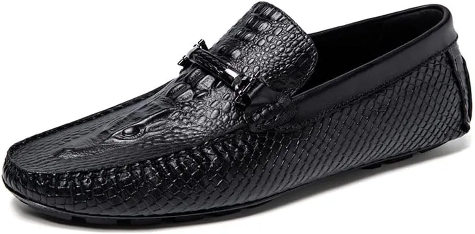 HOOENG Men's Loafers Round Toe Faux Crocodile Print Leather Anti-Slip Flexible Flat Heel Fashion Slip On