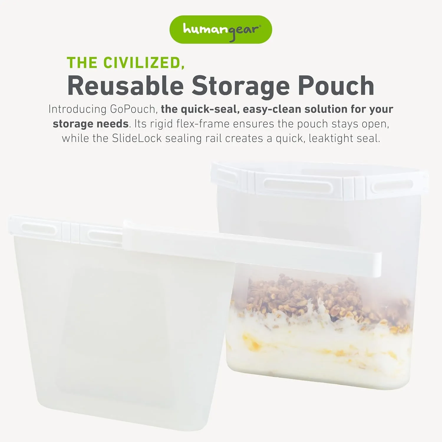 humangear GoPouch - Flexible Food Storage Container, Quick-Seal, Reusable Pouches, Leak Proof Bag with Slide-Lock Closure System, Clear, Medium