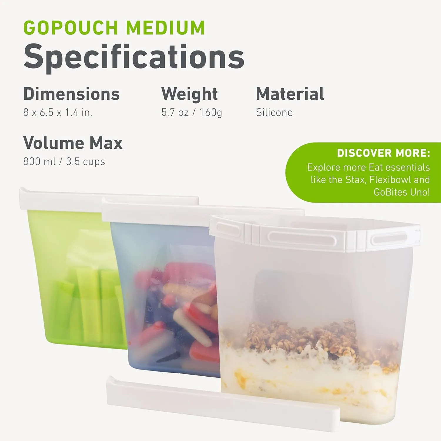 humangear GoPouch - Flexible Food Storage Container, Quick-Seal, Reusable Pouches, Leak Proof Bag with Slide-Lock Closure System, Clear, Medium