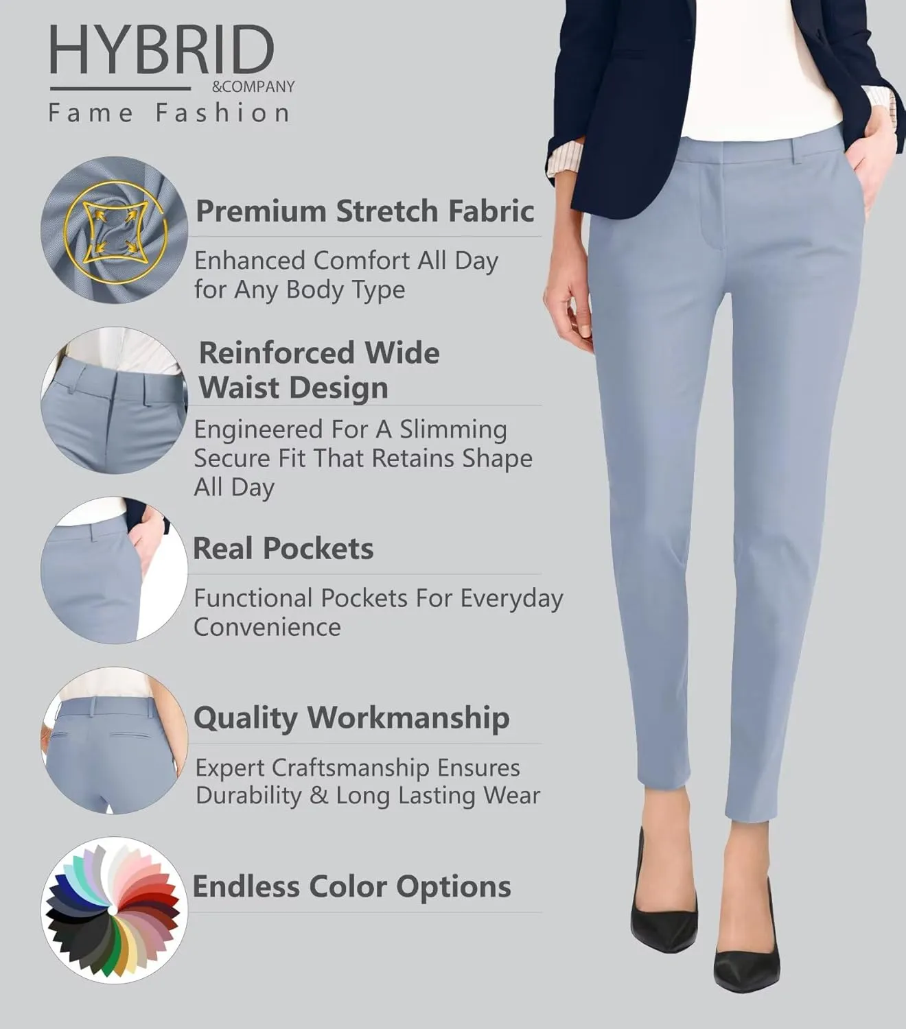 Hybrid & Company Womens Ultra Comfy Stretch Slim Fit Trousers Chino Pants with Pocket