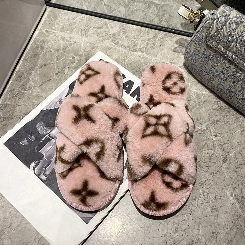 Imitation Rabbit Fur Cross Slippers Women's Warm Four-leaf Clover Fluffy Flat Cotton Designer Brand Slippers