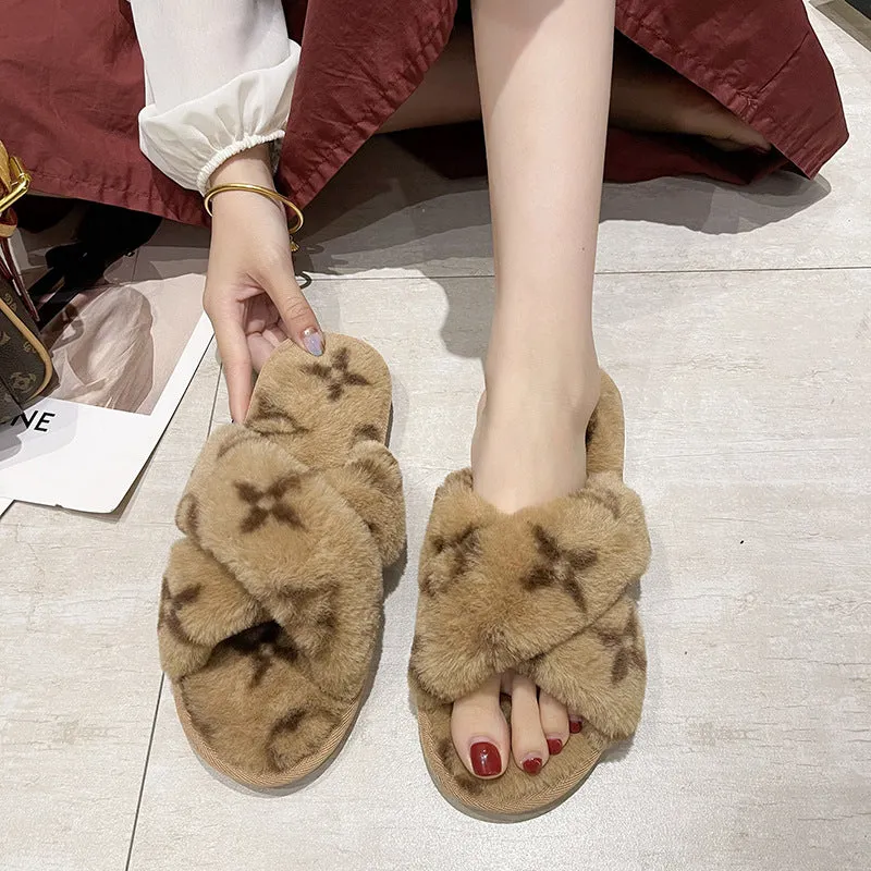 Imitation Rabbit Fur Cross Slippers Women's Warm Four-leaf Clover Fluffy Flat Cotton Designer Brand Slippers