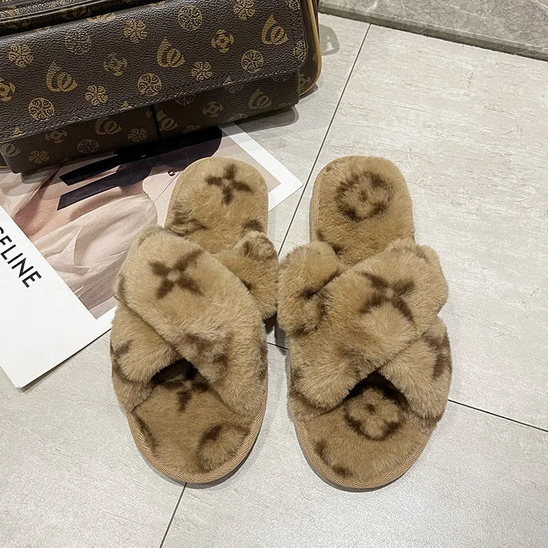 Imitation Rabbit Fur Cross Slippers Women's Warm Four-leaf Clover Fluffy Flat Cotton Designer Brand Slippers