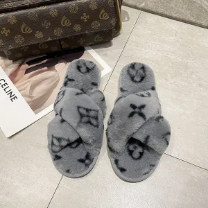 Imitation Rabbit Fur Cross Slippers Women's Warm Four-leaf Clover Fluffy Flat Cotton Designer Brand Slippers