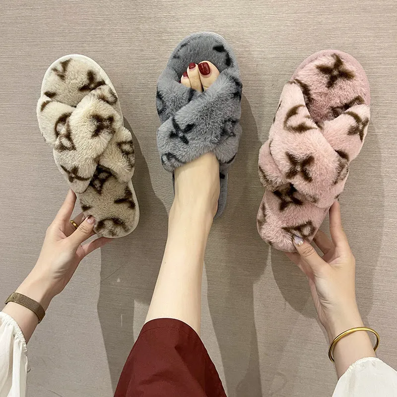 Imitation Rabbit Fur Cross Slippers Women's Warm Four-leaf Clover Fluffy Flat Cotton Designer Brand Slippers