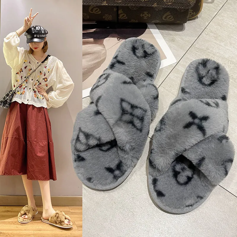 Imitation Rabbit Fur Cross Slippers Women's Warm Four-leaf Clover Fluffy Flat Cotton Designer Brand Slippers