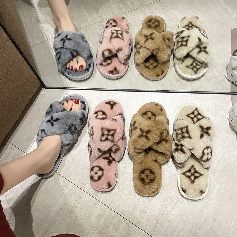 Imitation Rabbit Fur Cross Slippers Women's Warm Four-leaf Clover Fluffy Flat Cotton Designer Brand Slippers