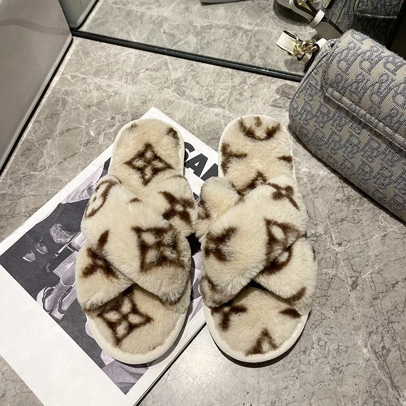 Imitation Rabbit Fur Cross Slippers Women's Warm Four-leaf Clover Fluffy Flat Cotton Designer Brand Slippers