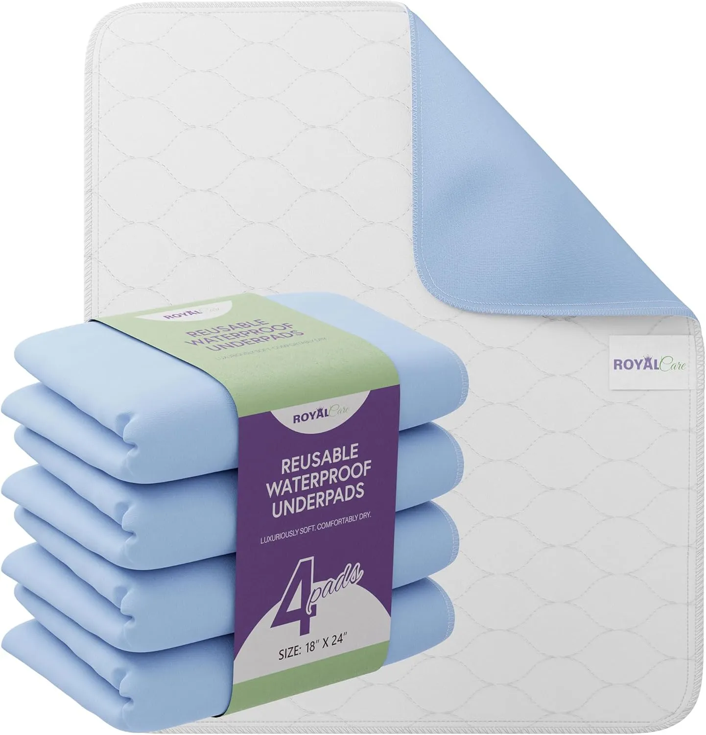Incontinence Bed Pads - 18x24 | Cotton Blend | Washable Bed Pads for Adults, Children, Pets and Seniors Waterproof | Pack of 4, Blue, by Royal Care