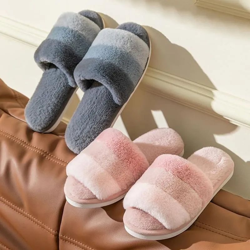 JadeRich Women's Fuzzy Open Toe Plush Slippers Colorblock Cozy Breathable Faux Fur Flat Slides Furry Slide Sandals