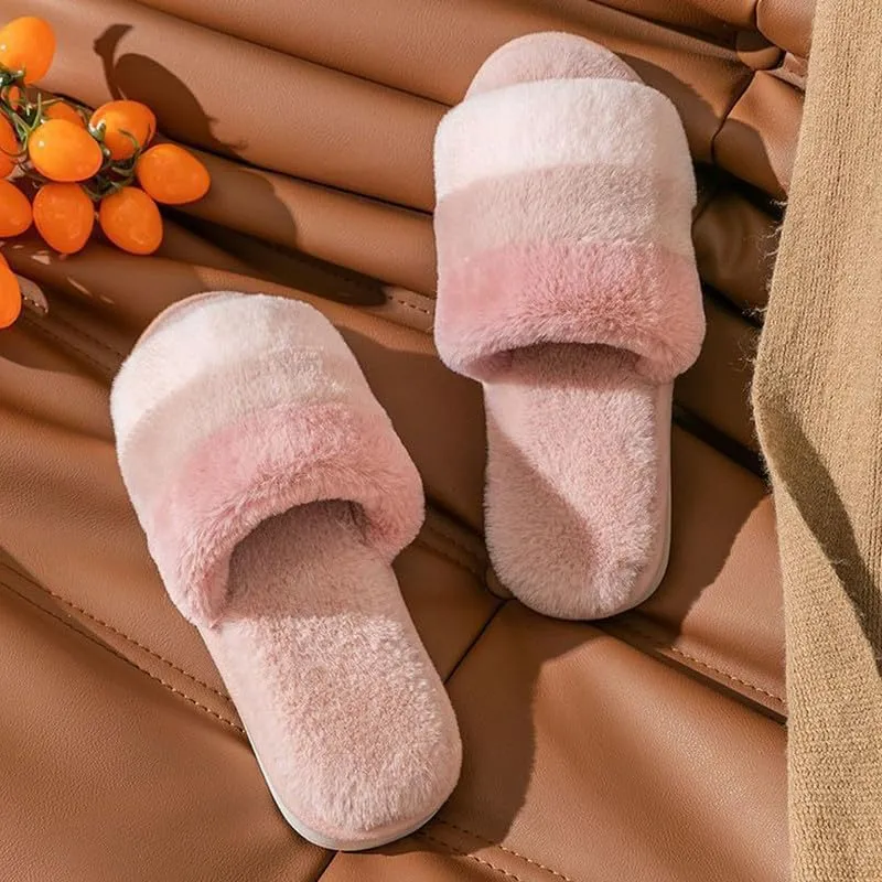 JadeRich Women's Fuzzy Open Toe Plush Slippers Colorblock Cozy Breathable Faux Fur Flat Slides Furry Slide Sandals