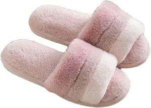 JadeRich Women's Fuzzy Open Toe Plush Slippers Colorblock Cozy Breathable Faux Fur Flat Slides Furry Slide Sandals