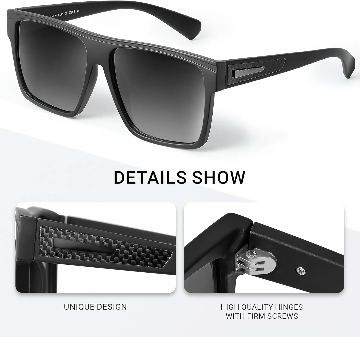 JIM HALO Retro Polarized Sunglasses Men Women Flat Top Square UV400 Glasses for Driving Fishing Hiking Golfing